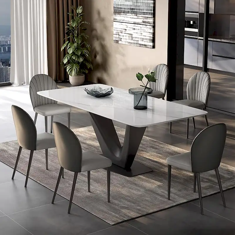 71 Modern Rectangular White Dining Table For 6, Black Carbon Steel Legs, Kitchen Table - 71