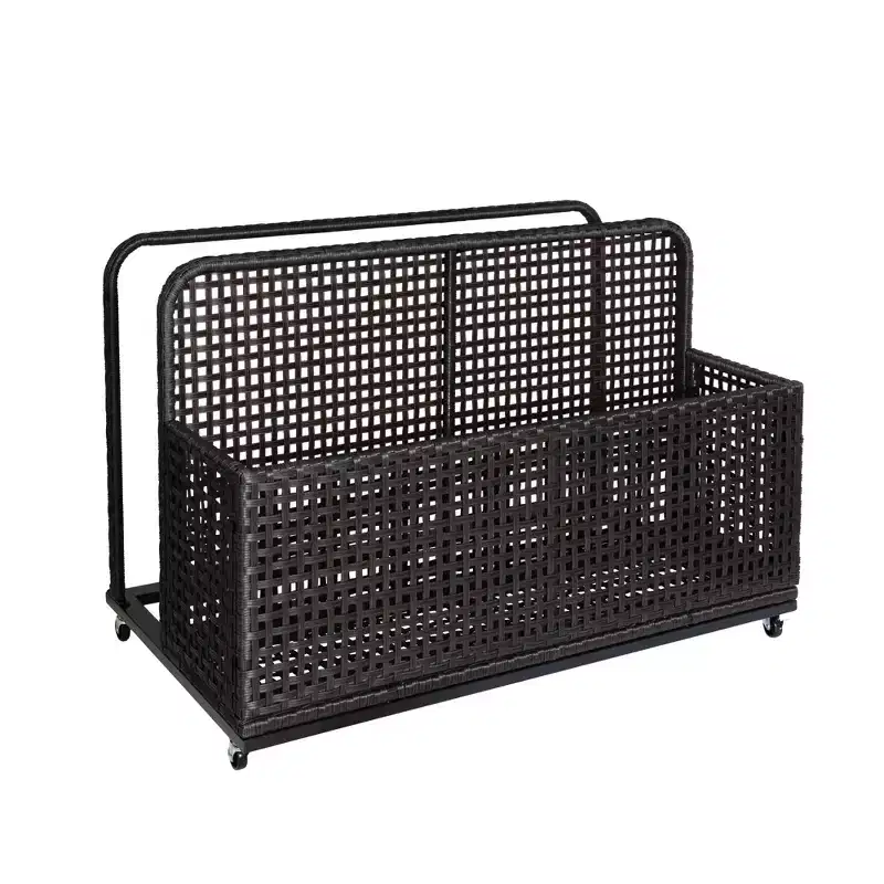 Outdoor Pool Storage Bin with Handwoven PE Rattan, Swivel Wheels & Folding Side Shelves, Gray