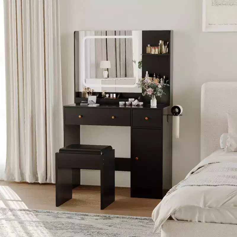 Makeup Vanity Desk with Mirror, 37W Large Dressing Table with Drawers & Stool, Modern Makeup Vanity Table for Small Space Bedroom