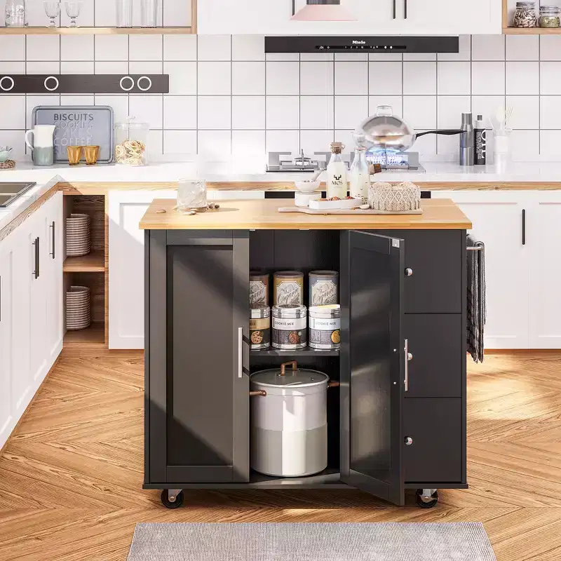 39.8 W Rolling Kitchen Island Cart, Movable Utility Cabinet with 3 Drawer, 2 Door, Towel Rack for Dining Room
