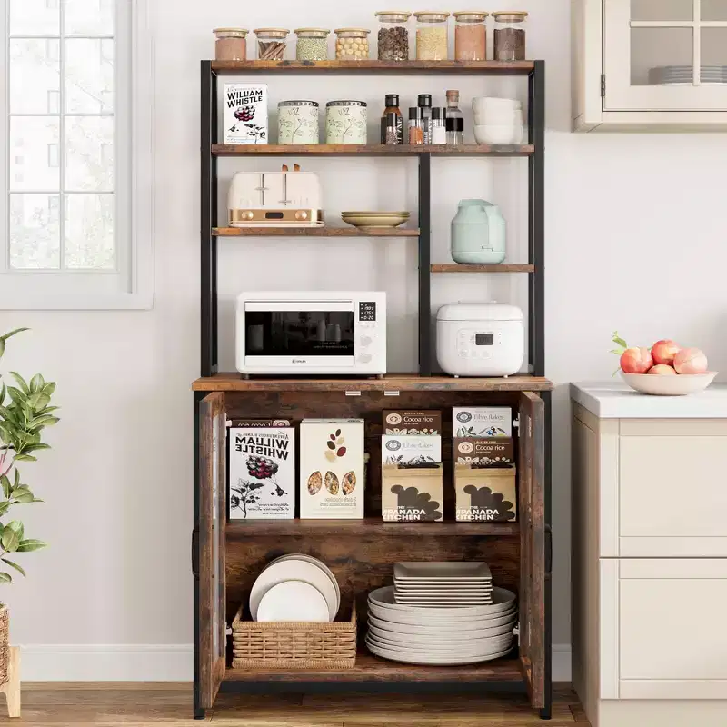 Bakers Rack with Cabinet 5 Tier Microwave Stand 63.78 Standing Bakers Rack with Door Tall Coffee Bar Large Baker Rack Coffee Bar Station Kitchen