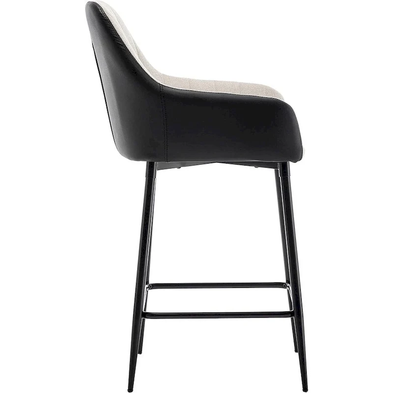Tall Counter Height Bar Stools, 25, Mid-Back Upholstered Fabric Accent , PU Black Back, Beige Fabric, Set Of 2