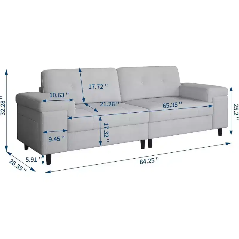 Beige / Gray Modern 3-Seater Sofa with Adjustable Armrests, Chenille Fabric