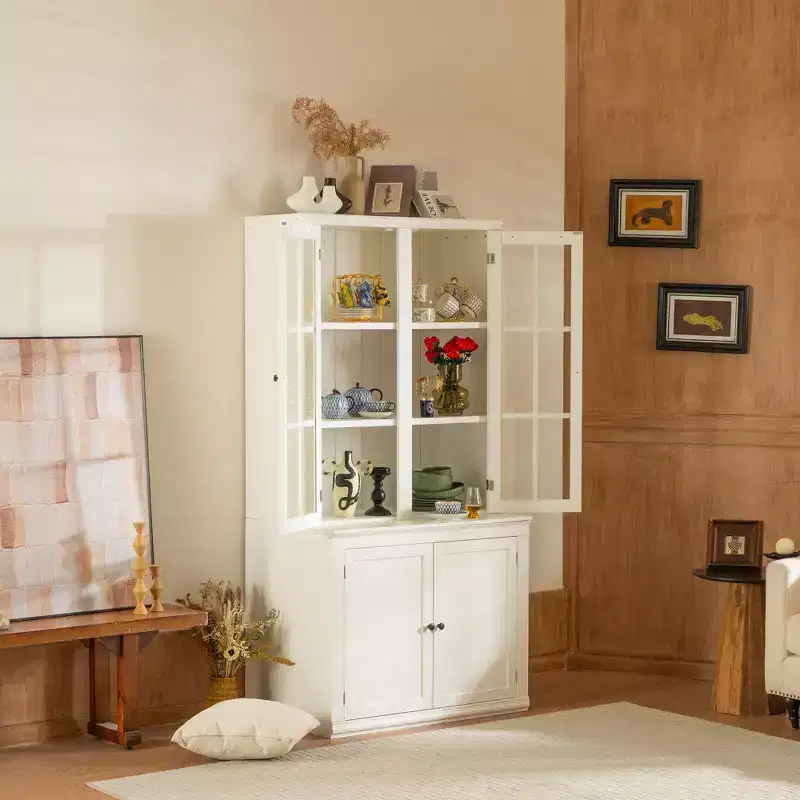 36W Display Cabinet Storage Cabinet Hutch Cabinet Accent Cabinet with 2 Glass Doors & 2 Adjustable Shelves, White-ModernLuxe