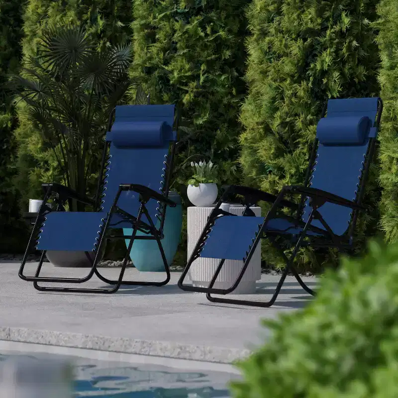 Flash Furniture Adjustable Folding Mesh Zero Gravity Reclining Lounge Chair with Pillow and Cup Holder Tray, Set of 2