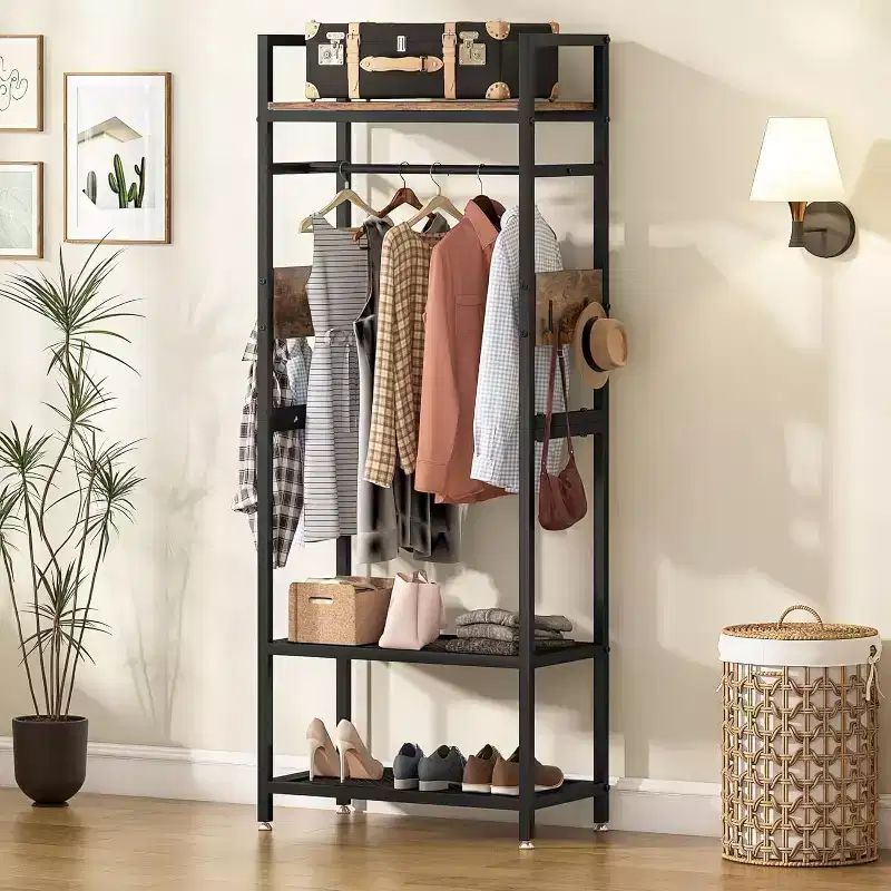 69-inch Tall Heavy Duty Garment Rack: Freestanding Closet Organizer with Open Storage Shelves and Hooks, Brown & Black for Bedroom.