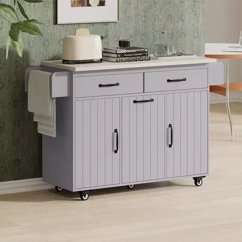 Rolling Kitchen Island with Trash Can Storage Cabinet, Kitchen Cart with Drop Leaf, Spice Rack, Towel Rack and Drawer
