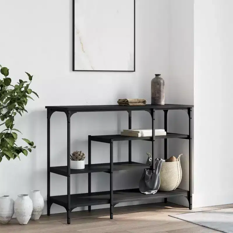Console Table Black Engineered Wood Metal Frame with Adjustable Feet