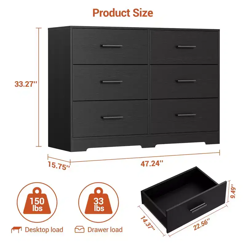 Dresser for Bedroom, Modern 6 Drawer Dresser for Bedroom, Wide Wood Chests of Drawers Storage with Metal Handle for Entryway, Hallway
