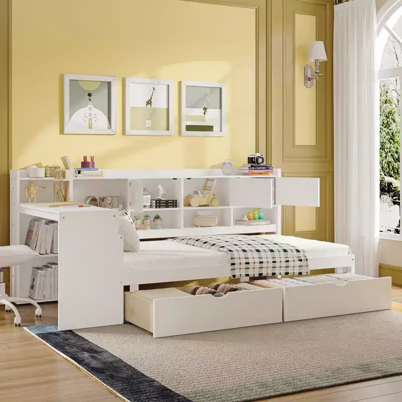 Wooden L-Shaped Daybed with 7 Storage Cabinets, 2 Drawers, Desk and Bookshelf, White