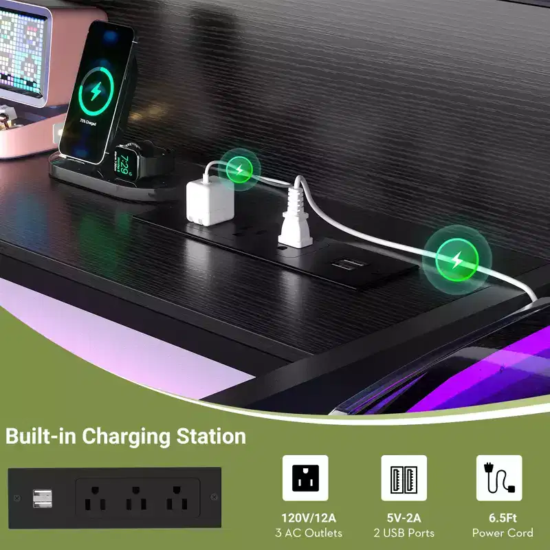 Besiost 53'' Computer Desk with Charging Station and Thickened Desktop