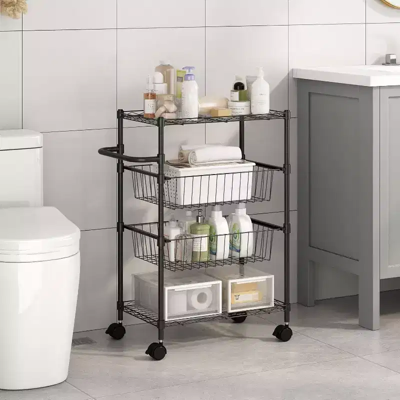 Kitchen Utility Cart, 4 Tier Rolling Cart, 110 Lbs Capacity Storage Cart with Wheels & Handle Bar