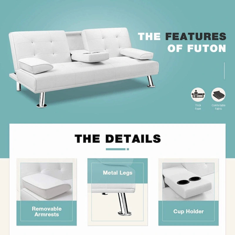 Furniwell Modern Faux Leather Futon with Cup Holders & Pillows, 65