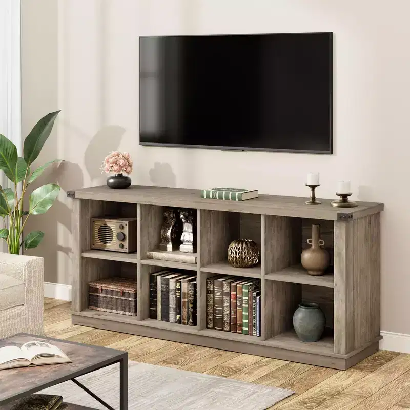 2-Tier 8 Cube Book Shelf, Rustic Farmhouse Wood Horizontal Bookshelf, Bookcase Cabinet, Storage Organizer