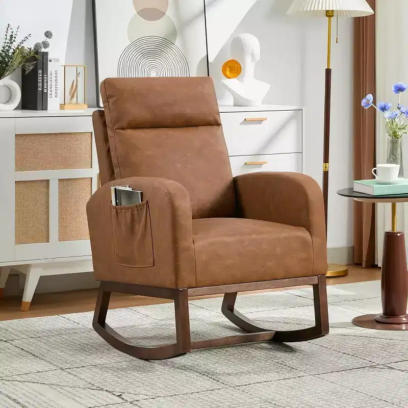 Modern Rocking Chair High Backrest, Armrests, Side Pockets,Teddy Fleece Accent, Sturdy Wood Legs,Rocking Accent Armchair for Living Room, Bedroom