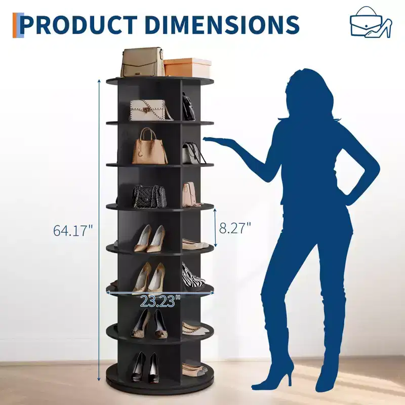 7 Tier Rotating Shoe Rack Tower, Free Standing Spinning Shoes Organizer, 360Revolving Vertical Shoe Display, Round Shoes Storage Rack