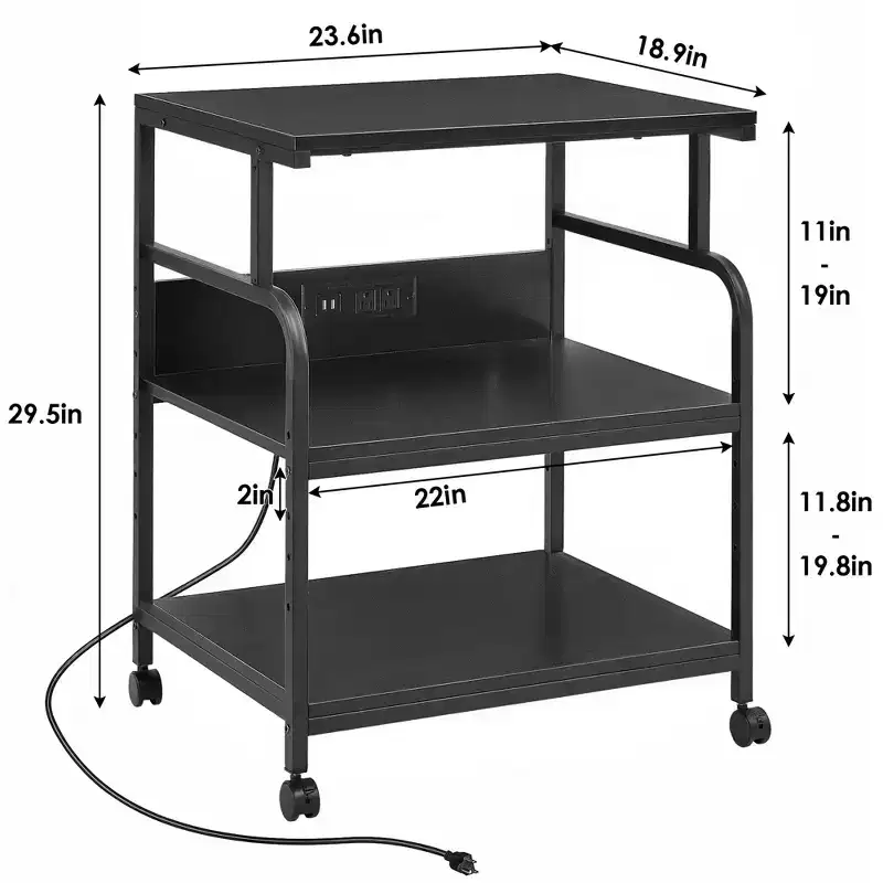 VECELO Printer Stand, 3-Tier Rolling Cart with 5-Level Adjustable Shelves & Lockable Wheels, Black
