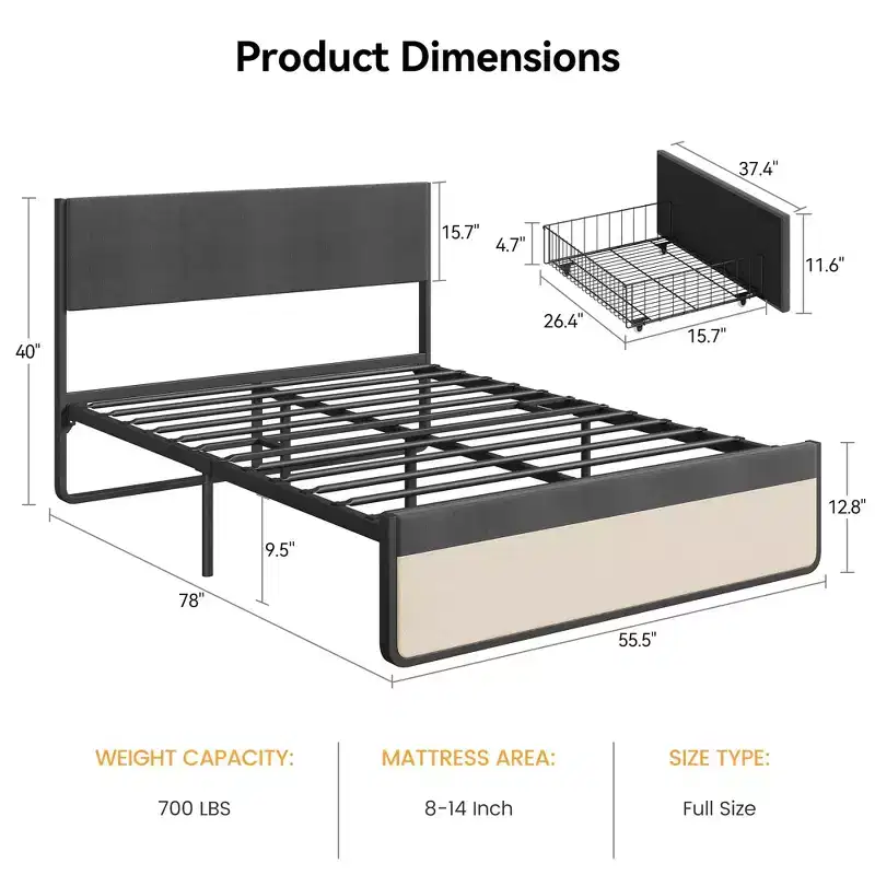 GustoWave Full/Queen Upholstered Bed Frame with Headboard and 2 Storage Drawers - Platform Bed with Metal Slats, No Box Spring Needed