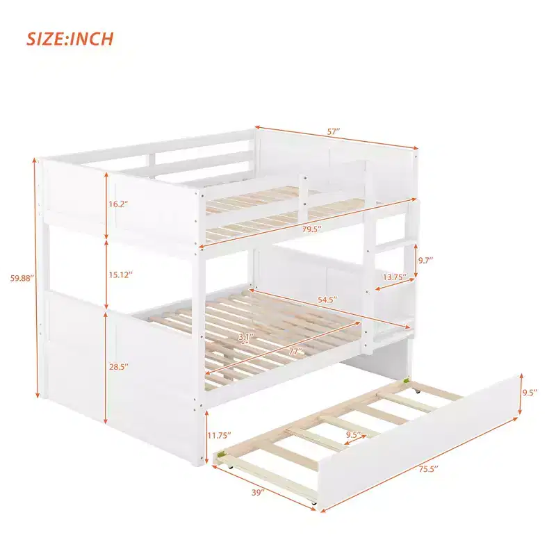 FAMYYT Full Size Bunk Bed With Twin Size Trundle, Easy Assembly, White