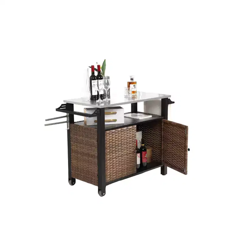 Wicker Outdoor Bar Cart with Stainless Steel Top, Storage Cabinet & Wheels, Patio Serving Prep Table for Garden Poolside