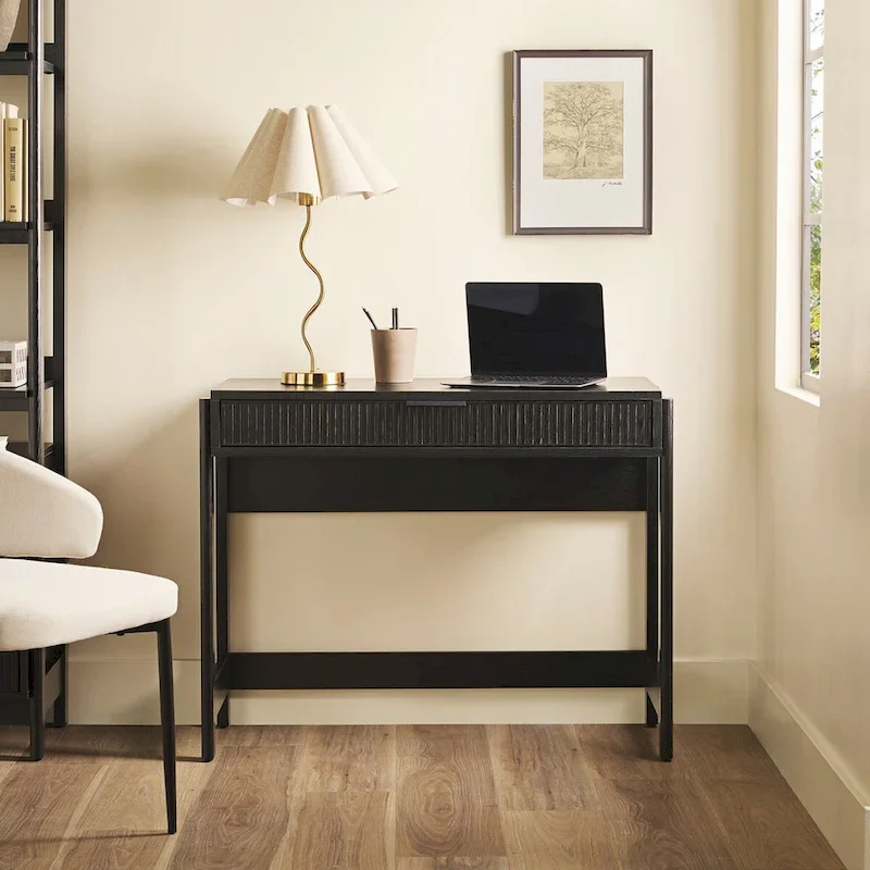 Coastal Oak / Black Reeded Writing Desk with Drawer, Single