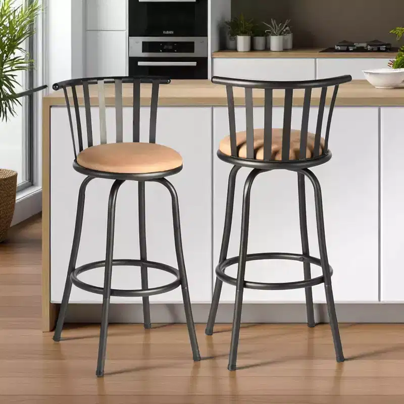 HomeRoots Set of Two Brown and Black Faux Leather and Iron Low Back Adjustable Height Swivel Bar Chairs