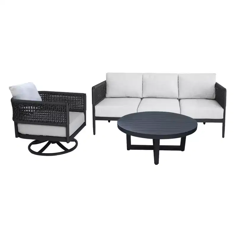 International Concepts 3pc Woven Abaca Rope Outdoor Patio Conversation Furniture Sets with Sofa Coffee Table & Swivel Chair