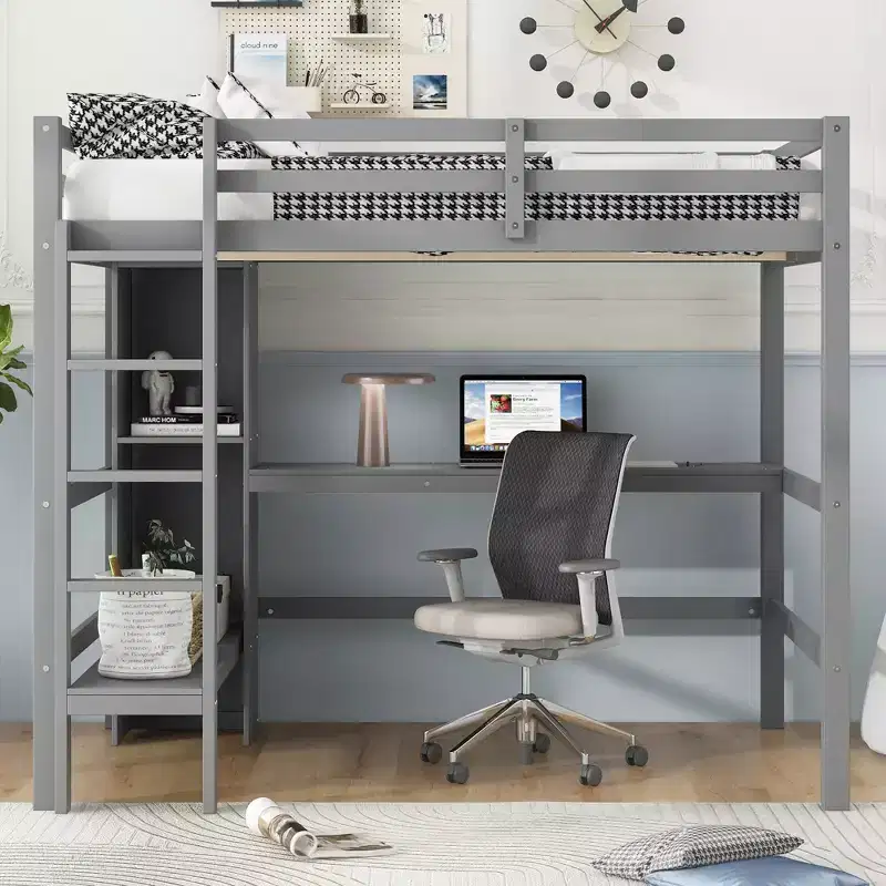 Full Size Loft Bed with Storage Shelves and Under-Bed Desk, Space-Saving Loft Bed Frame for Kids, Teens & Adults, Gray/White - ModernLuxe