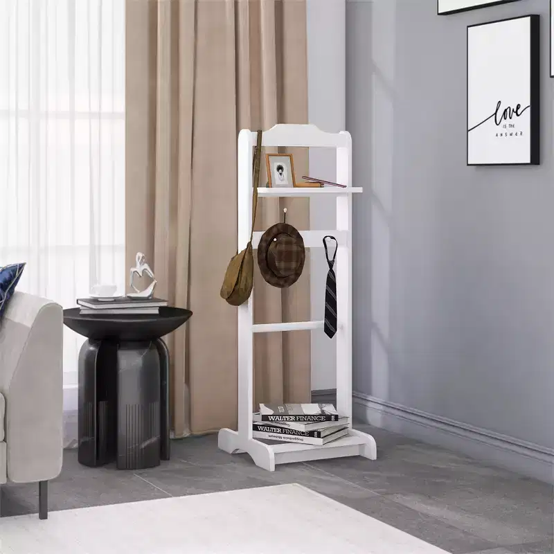 Sturdy and Durable Modern Floor-Standing Clothes Rack With a Wooden Top Tray and Hooks, Suitable For Bedrooms and Entryways.