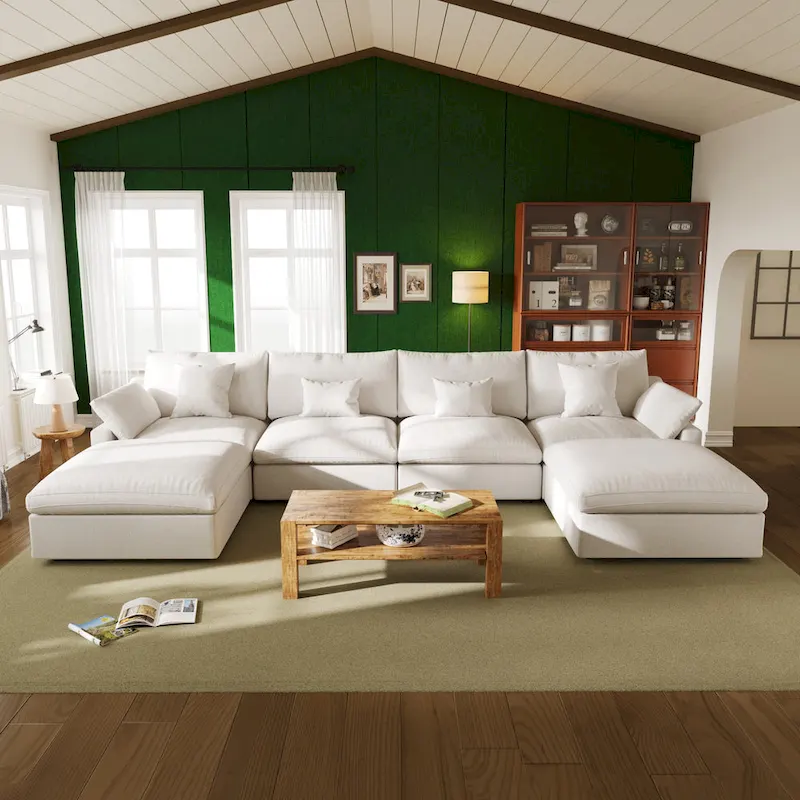 Oversized Linen Sectional Sofa Down Filled U-Shaped Couch for Living Room