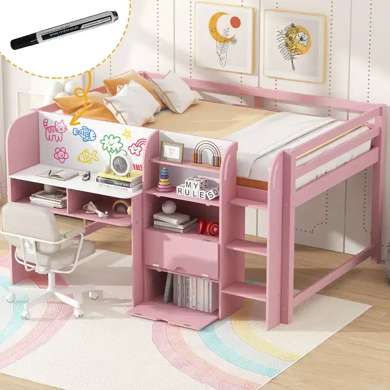Whisen Full Size Low Loft Bed with Built-in Desk, Storage Cabinets and Open Bookcase