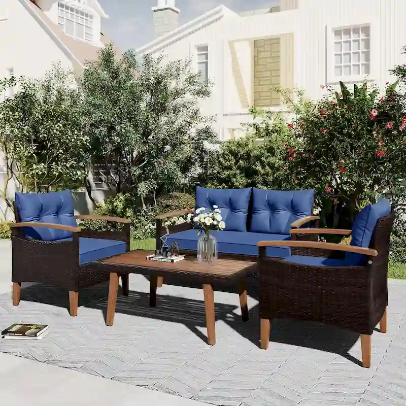 4-Piece Modern Outdoor Garden Seating Set, Rattan Sofa with Wooden Legs and Cushions, Suitable for Outdoor Patio Balcony