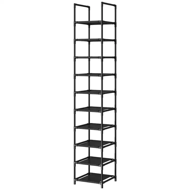 10-Tier Narrow Shoe Rack Organizer, Space-Saving Vertical Shoe Shelf with Metal Frame & Fabric Shelves for Entryway or Bedroom, Black