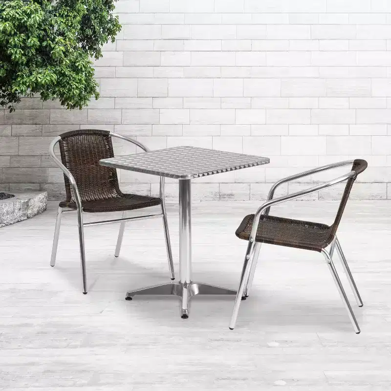 Emma and Oliver 23.5 Square Aluminum Garden Patio Table Set with 2 Rattan Chairs