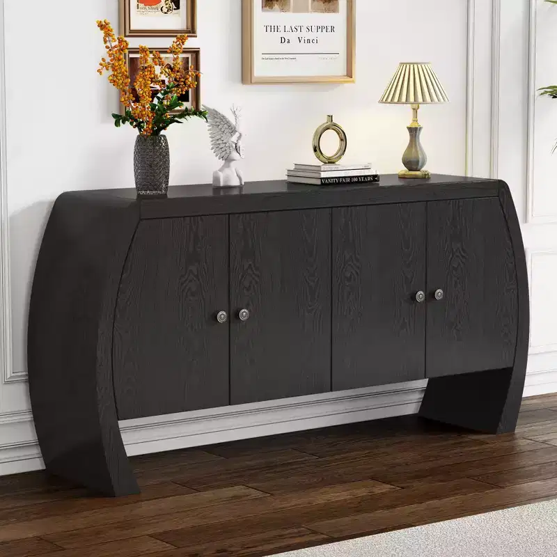 Ash Veneer 4-Door Storage Cabinet with Curved Legs and Adjustable Shelves