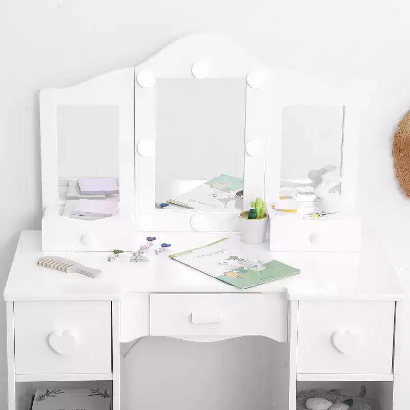 Acekool Princess Vanity Set - Tri-Fold Mirror & Stool for Pretend Play