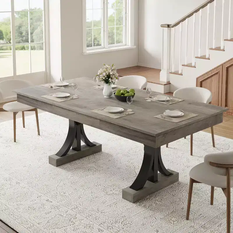 71 Wooden Kitchen Table with Two Drawers - Large Dining Table for 6-8 w/ Sturdy Frame, Rectangular Dining Table with Double Pedestal, for Kitchen