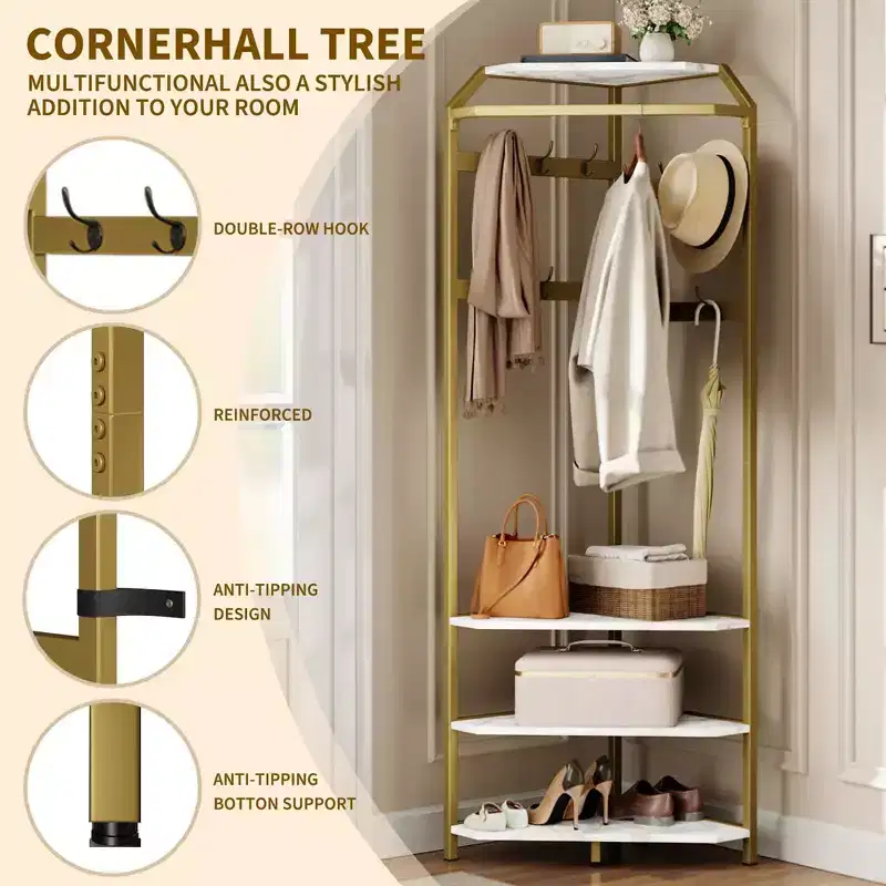 Corner Hall Tree with Shoe Bench, Entryway Coat Rack with 12 Double Hooks, Freestanding Storage Organizer for Home, Office, Bedroom, Mudroom