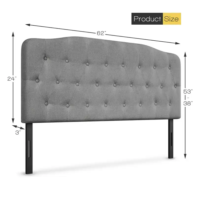 Queen Upholstered Headboard Adjustable Button Tufted Faux Linen Light Grey