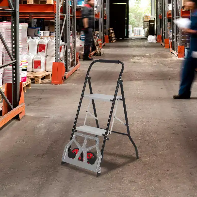 2-in-1 Aluminum Folding Hand Truck & 2-Step Ladder with Anti-Slip Pedals, 220 lbs Capacity