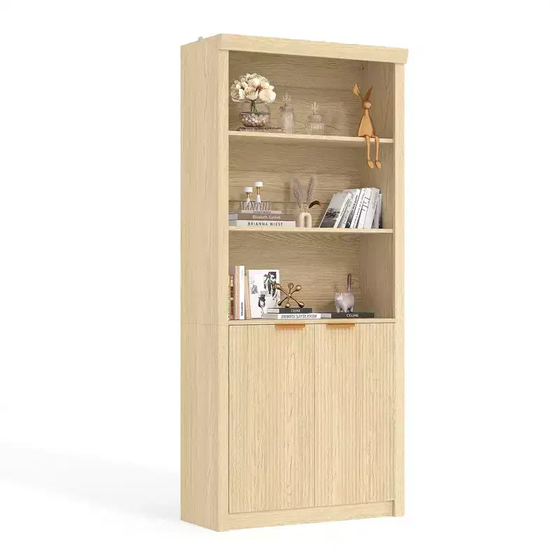 71 Tall Bookshelf with Fluted Doors, 5 Tier Bookcase Display Shelves with Storage Cabinet & Adjustable Shelf, Mid-Century Modern Bookshelves