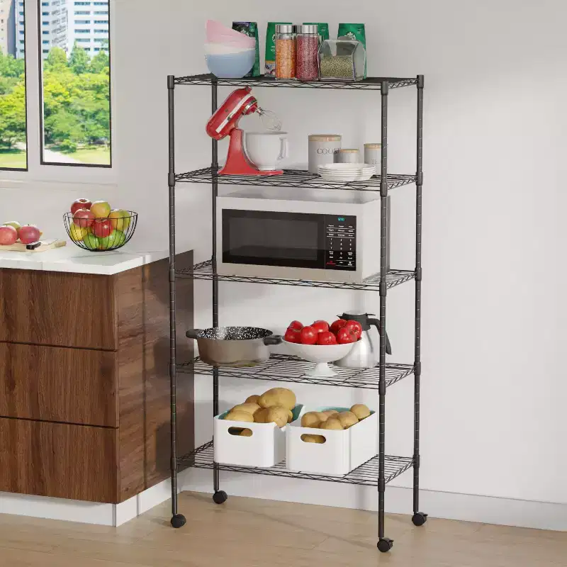 5 Tier Shelves Shelf Wire Shelving Unit Heavy-Duty Adjustable Storage Shelf with Lockable Wheels & Certified by NSF