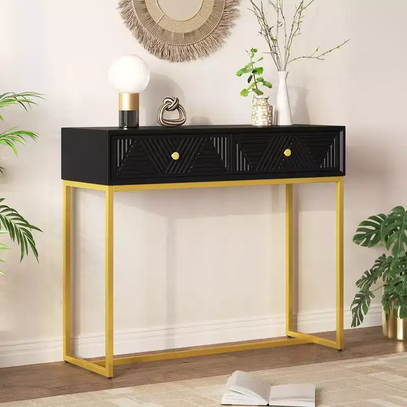 MAYEERTY Modern Narrow Console Table with Storage 2 Drawers Stripe Design for Living Room Hallway Black