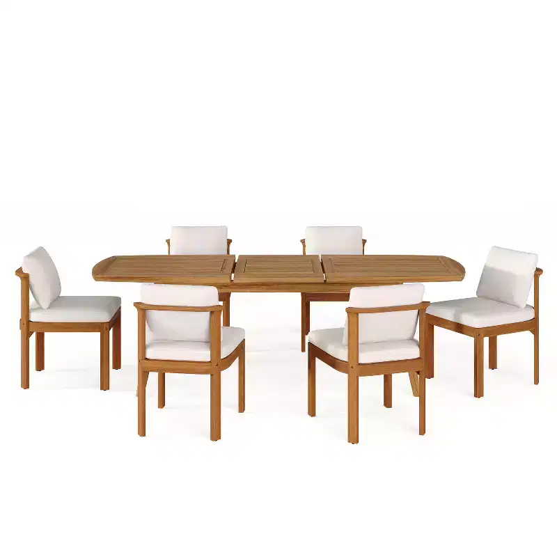 Christopher Knight Home Harrison Patio Modern 7-Piece Acacia Wood Expandable Dining Table and Chairs Set with Cushions