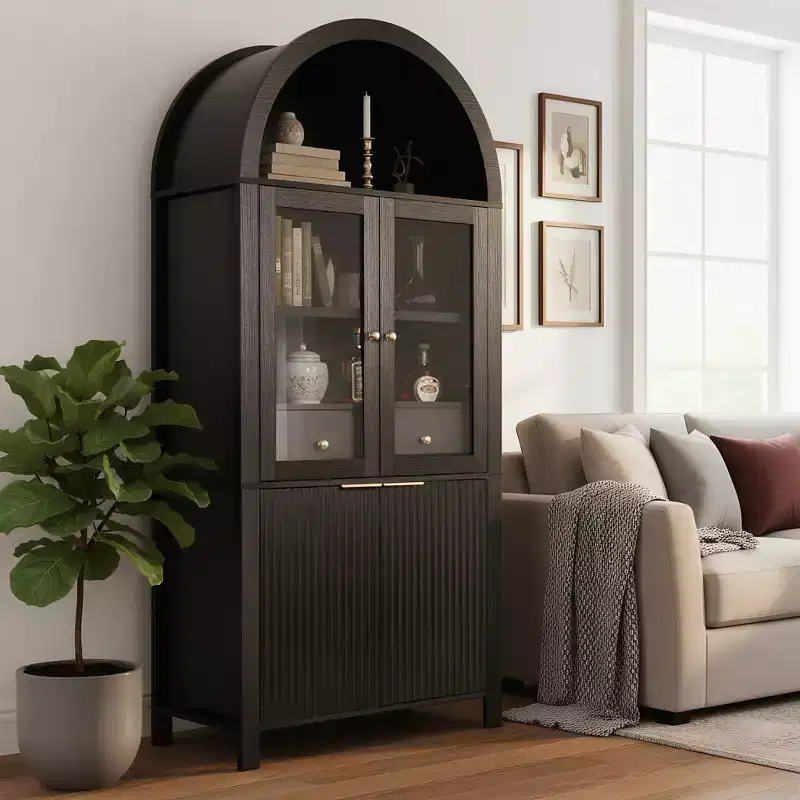 Zeus & Ruta 71 Tall Arched Fluted Kitchen Pantry Cabinet with Glass Door, Adjustable Shelves, Hidden Drawer