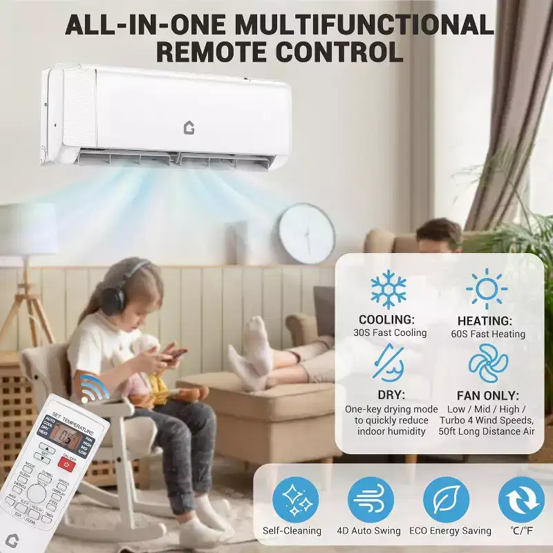 9000 BTU Mini Split AC & Heater - 20 SEER2 Ductless Inverter System, Self-Cleaning, WiFi/Alexa/Remote, Installation Kit, Cools 450 Sq.Ft, US Standard