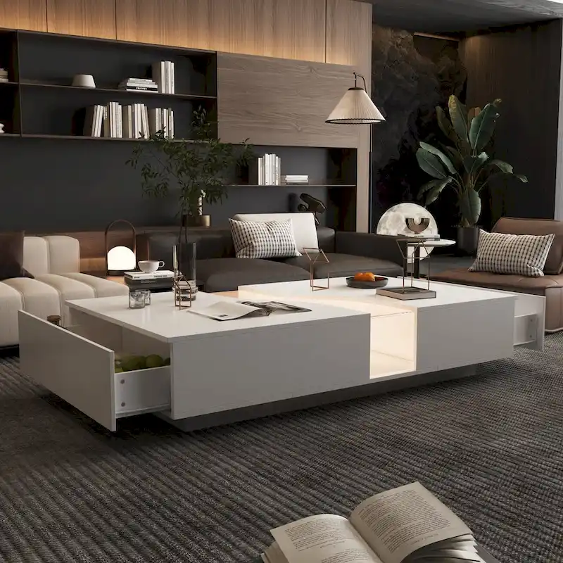 White Dual-Drawer Coffee Table with LED Display Top