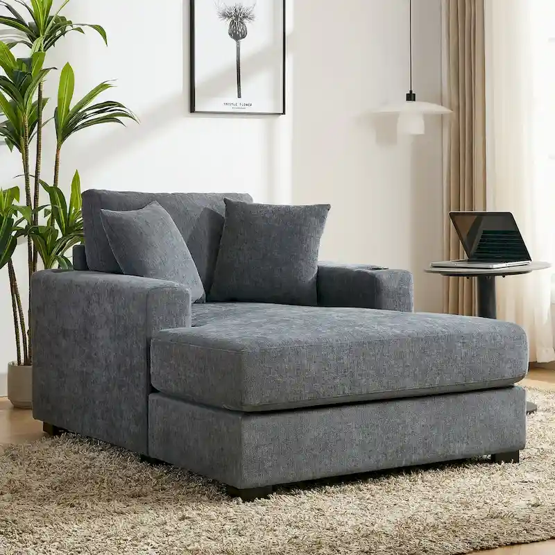 43.5 Chenille Fabric Chaise Lounger Sofa Couch with Pillows, Charge Station & Cup Holders
