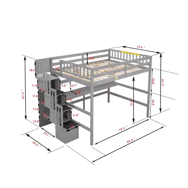 Full Loft Bed with Desk and Storage Shelves, Pine Loft Bed Frame with Storage Stairs for Boys and Girls, No Box Spring Needed, Grey