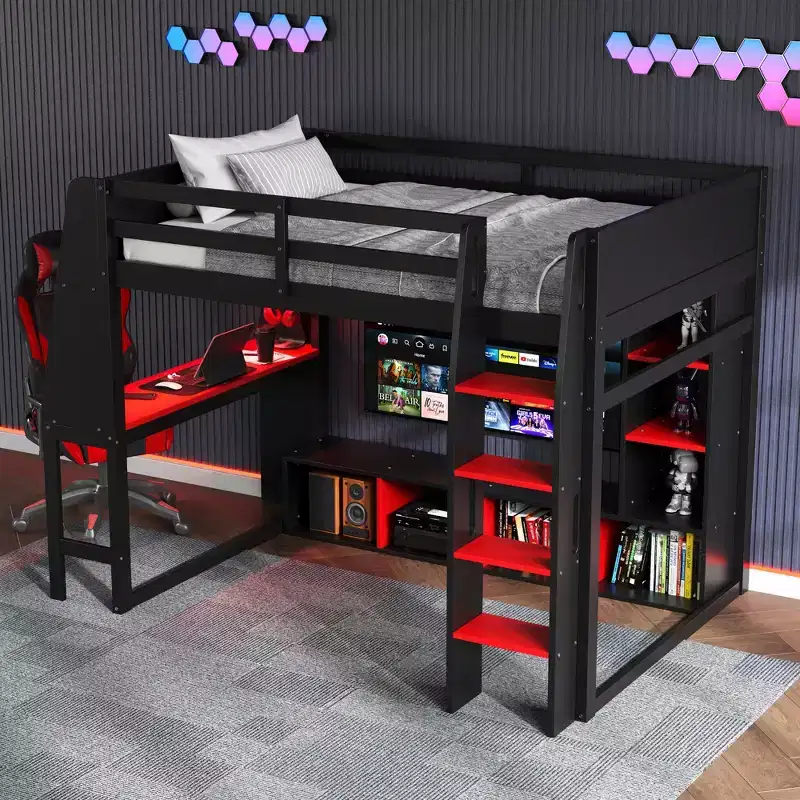 Twin/Full Size Gaming Loft Bed with Desk, LED Lights, Multi-Storage Shelves & Hanging Clothes Rack, Space-Saving Wooden Bed Frame